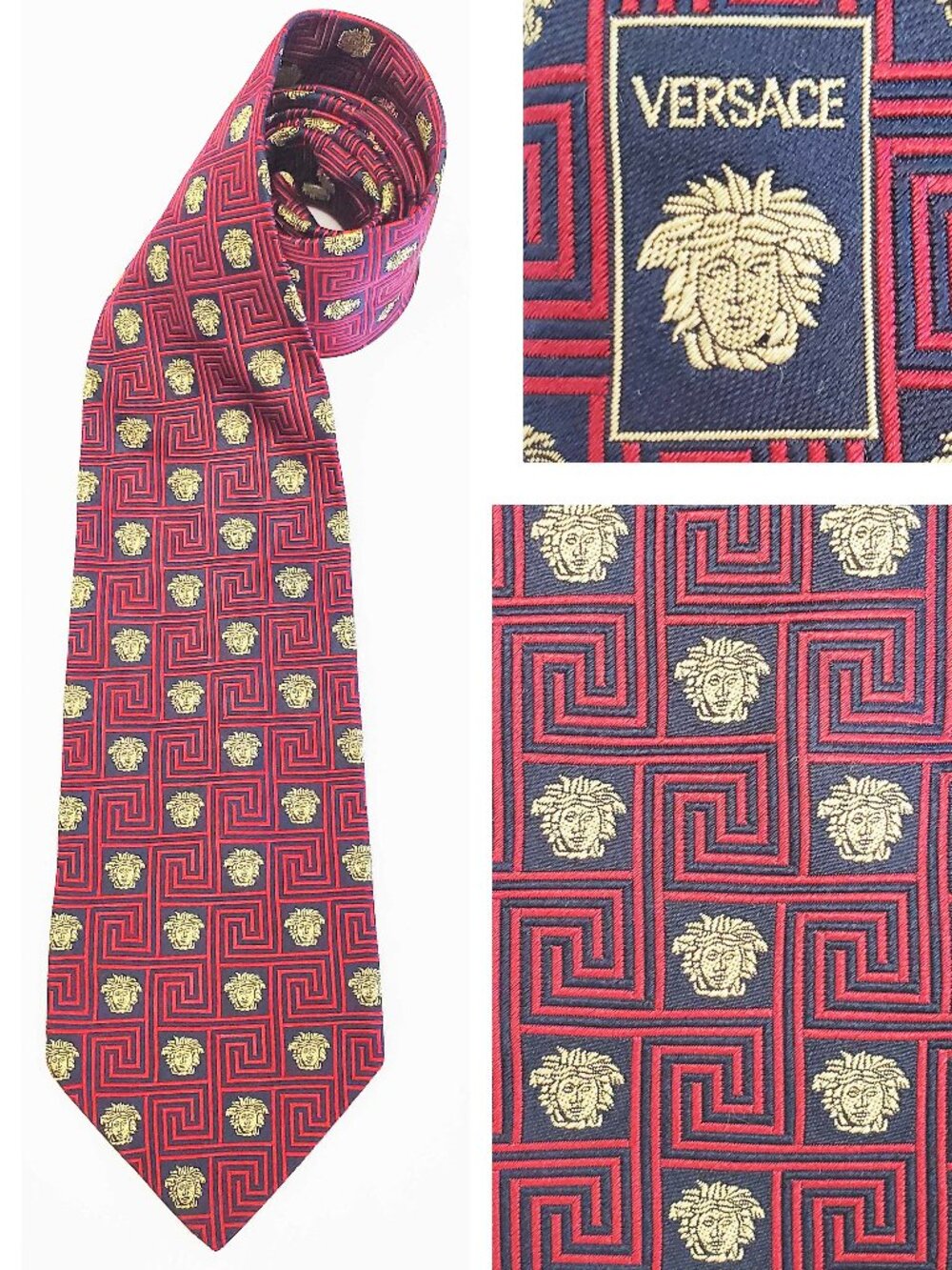 Gianni Versace Mens Woven Medusa Geometric Design Black Red Gold Neck Tie VTG